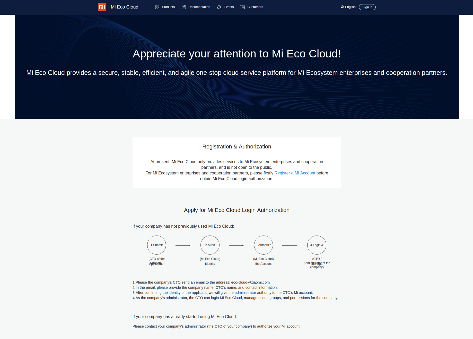 Registation & Authorization on Mi Eco Cloud Platform